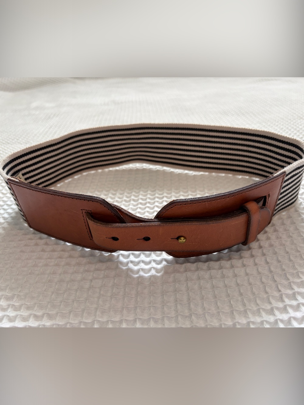 Fossil Brown Leather & Black-White Striped Elastic Waist Belt